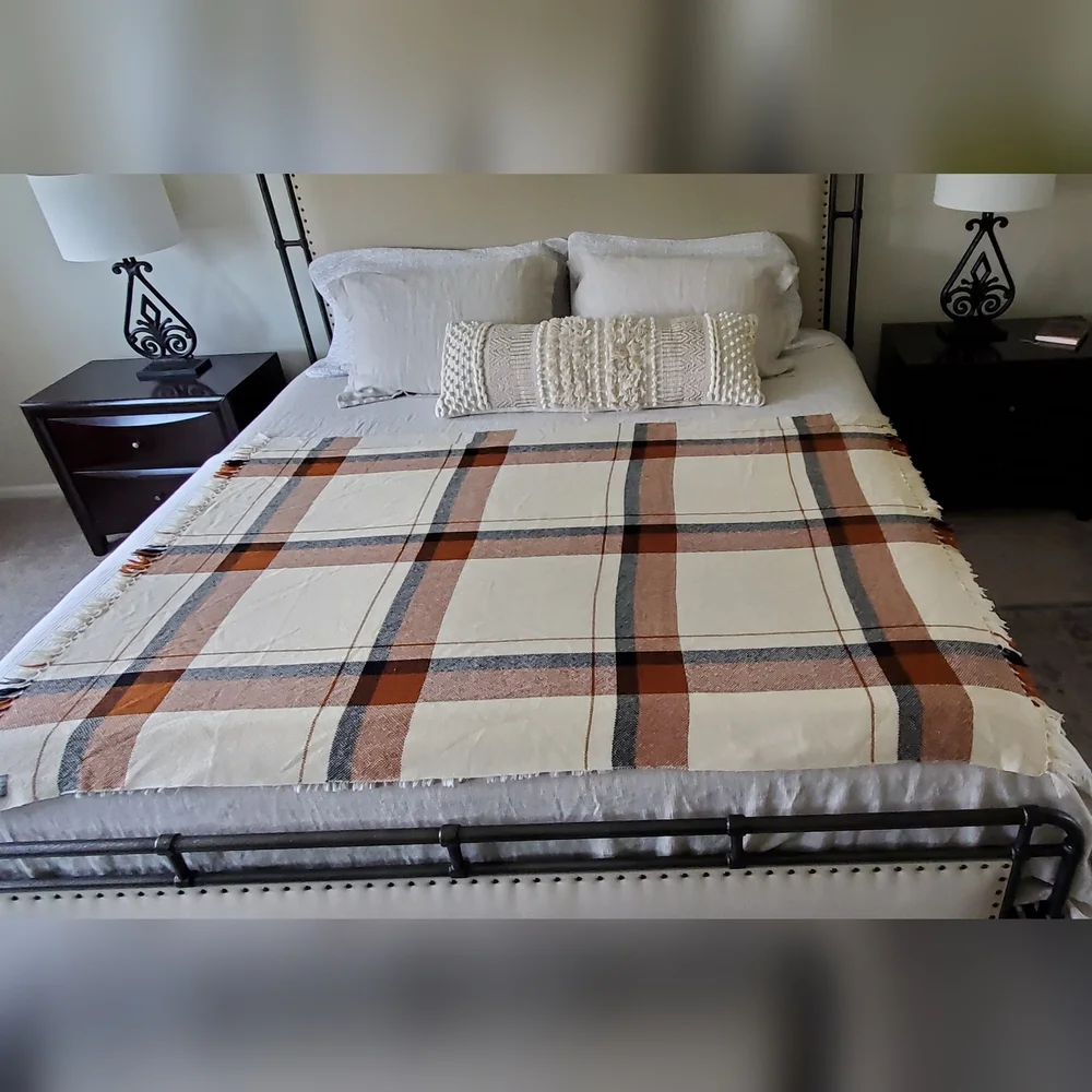 We Three Weavers Handwoven 100% Wool Cream/Black/Terra Cotta Plaid Throw Blanket